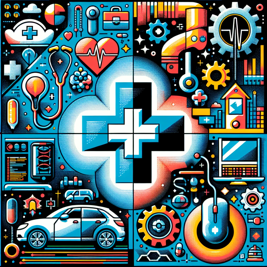 An industry-themed image featuring icons or images representing healthcare, automotive, and software industries