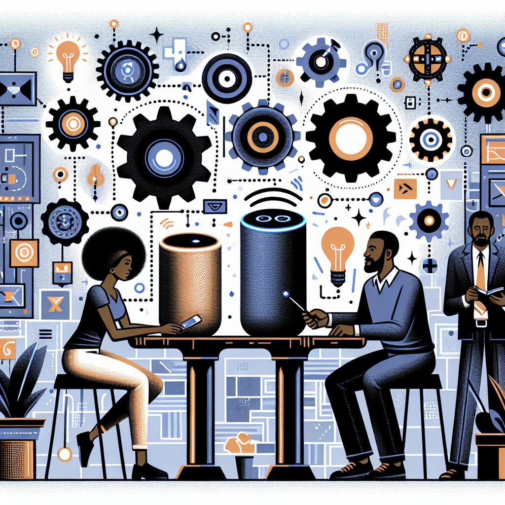An illustration showcasing voice-activated troubleshooting at work, possibly with a customer talking to a smart speaker and relevant icons denoting a problem-solving process.