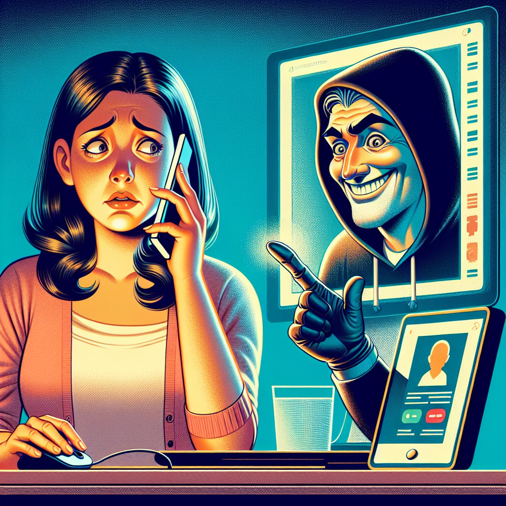 An image illustrating a fraudulent phone call, perhaps with a person holding a mobile phone with a hacker or prankster on the other end. The mischievous character could be shown hiding behind a computer screen, symbolising the digital nature of the nuisance.