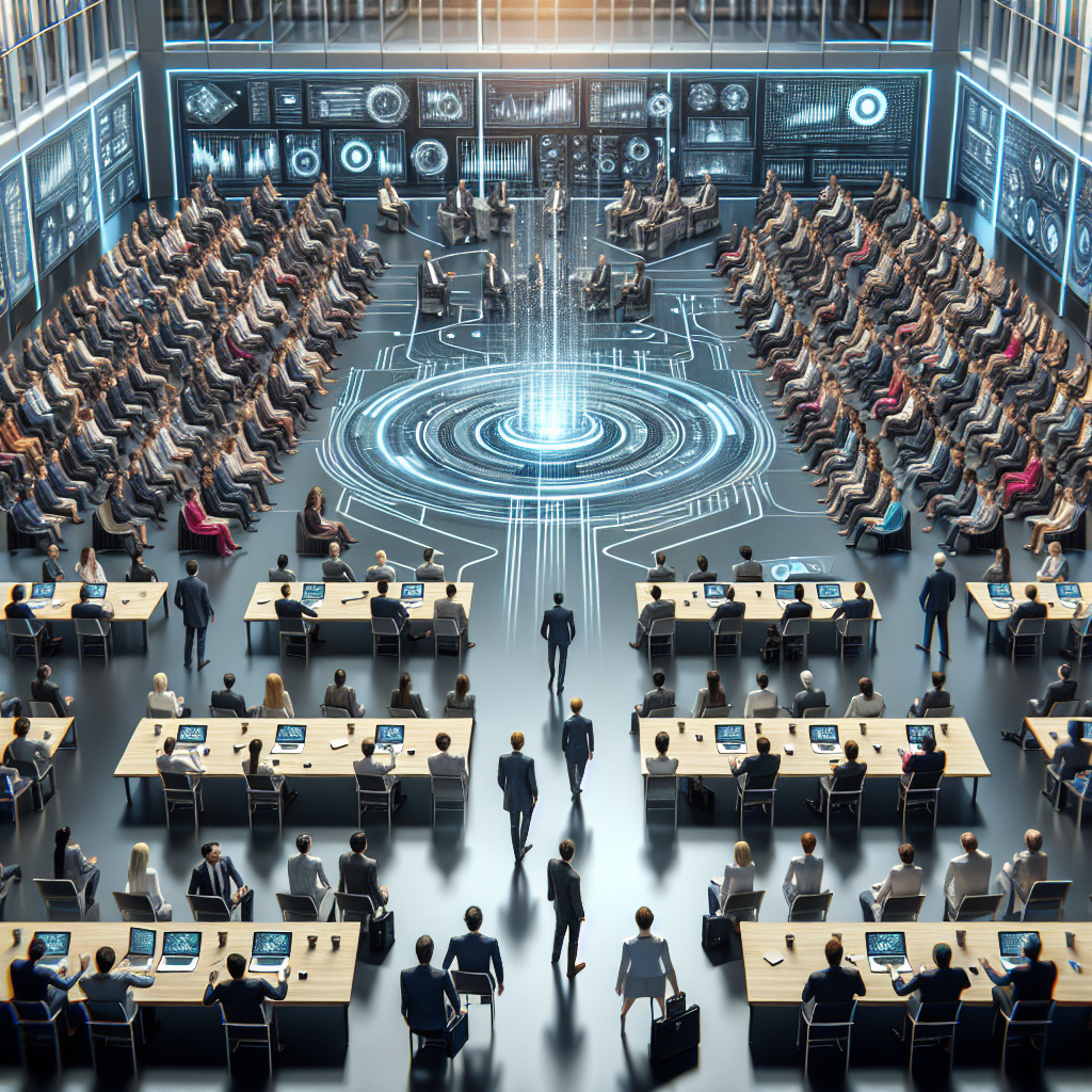 An aerial view of a conference in session with AI illustrating its management of the proceedings