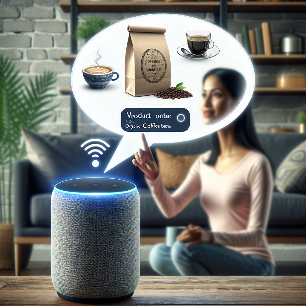 An image displaying a voice-activated product ordering process using a smart speaker