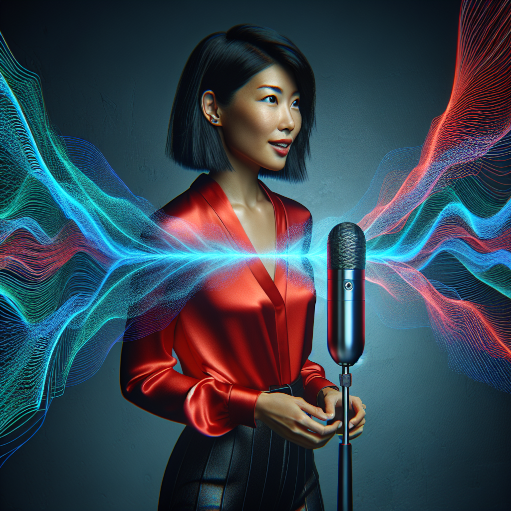 A conceptual image showing a person speaking into a microphone, with a graphic visualizing their unique voice pattern or sound wave.