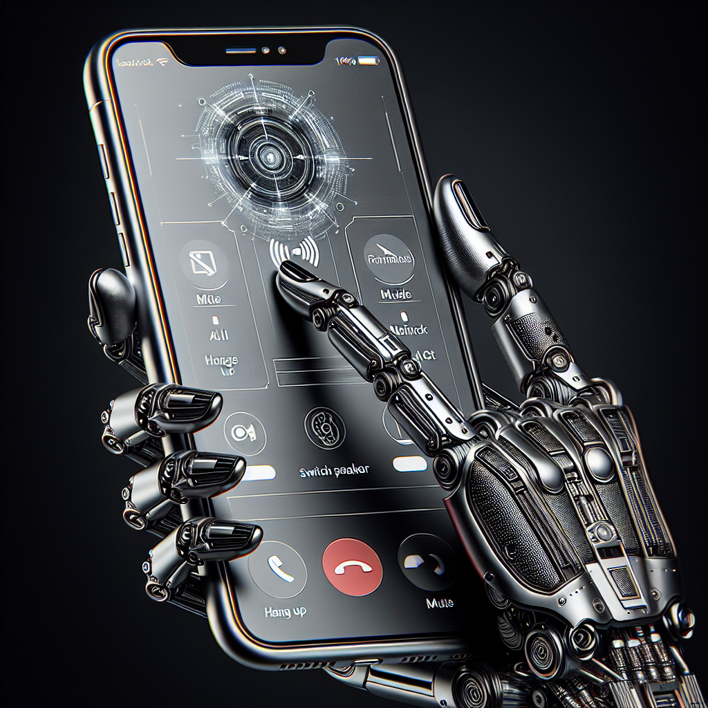 A futuristic concept image of AI robotic hand holding a phone, illustrating AI call management