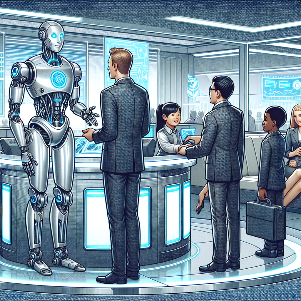 An illustration showing a robot receptionist interacting with customers