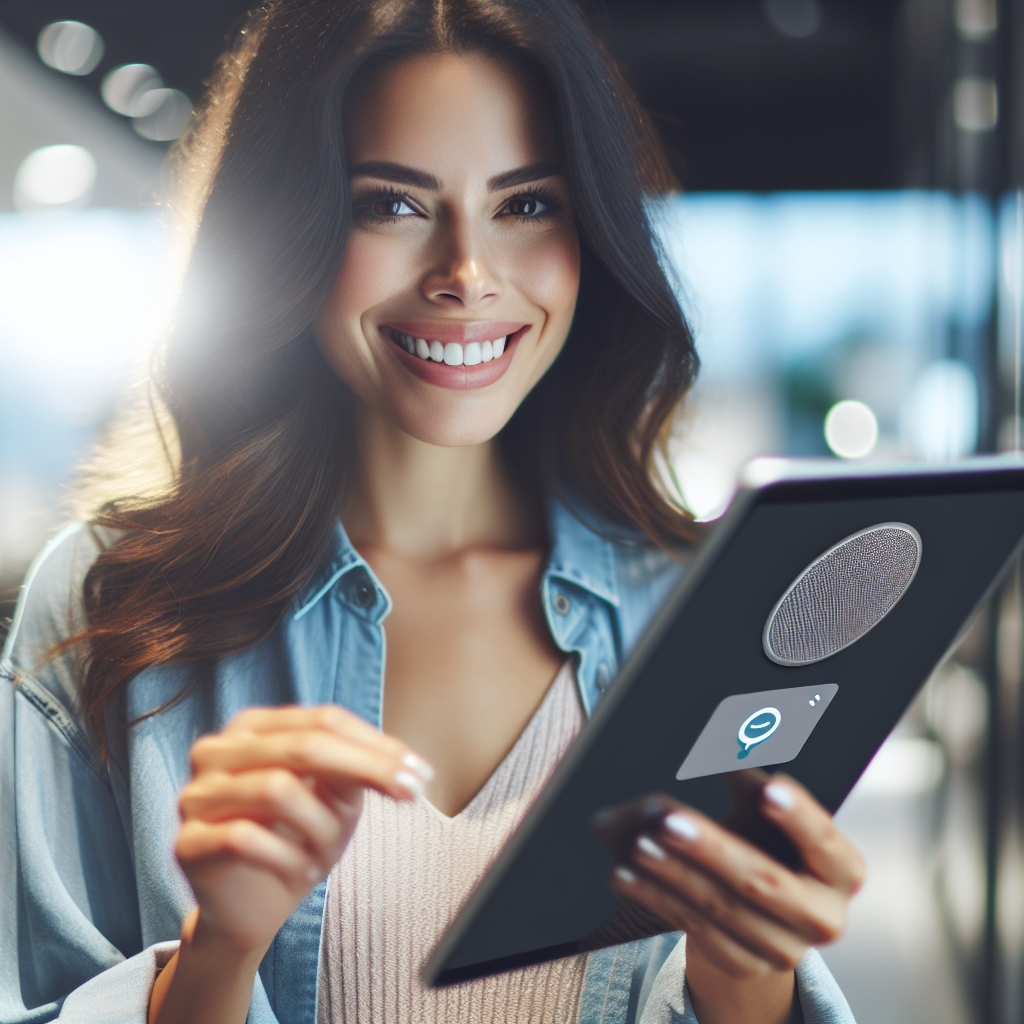 An image of a customer interacting with a voice-activated selling system on a tablet, with a smiling face implying satisfaction with the process.