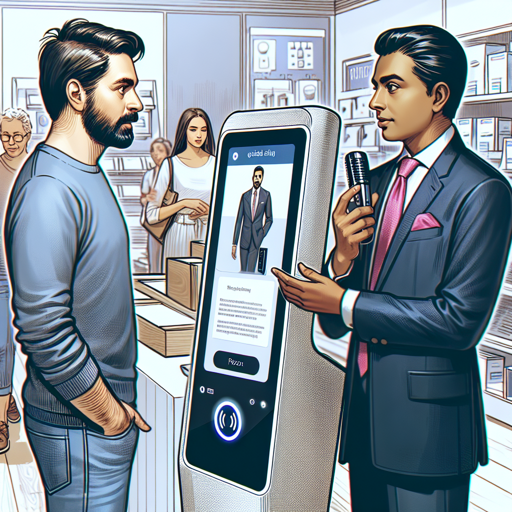 An image showing a customer interacting with a voice-activated guided selling device in a retail store.