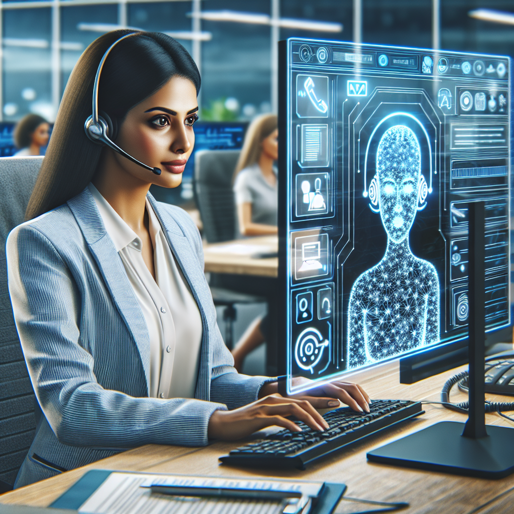 An image illustrating a call center agent interacting with artificial intelligence software on a computer screen
