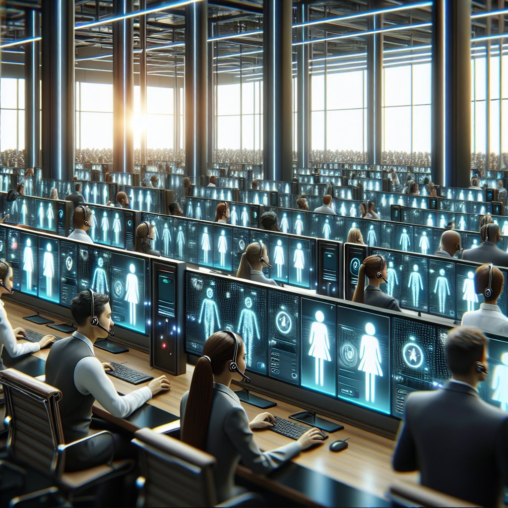 A high-tech customer service center, with professionals utilizing a AI-powered system to handle and prioritize incoming calls.