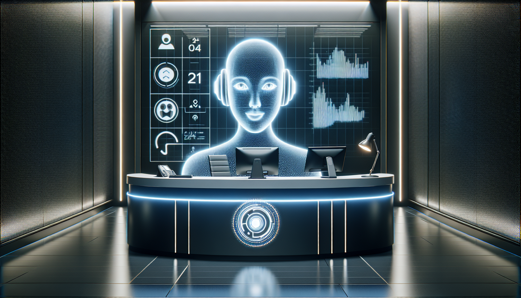A representation of Receptionist AI, a virtual assistant at the front desk of a business, answering calls and working 24/7