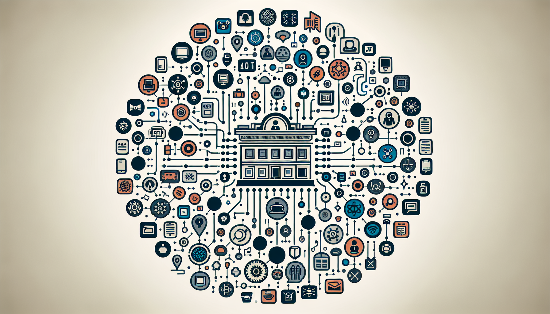 An infographic showing several interconnected icons, representing a large number of applications, connected to a central icon representing My AI Front Desk