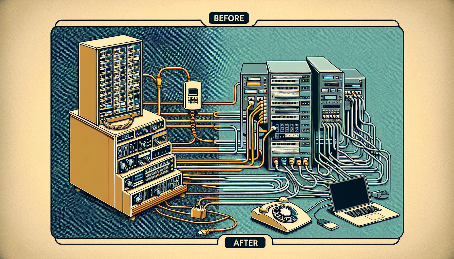 A diagram showing the transition from traditional phone systems to VoIP technology