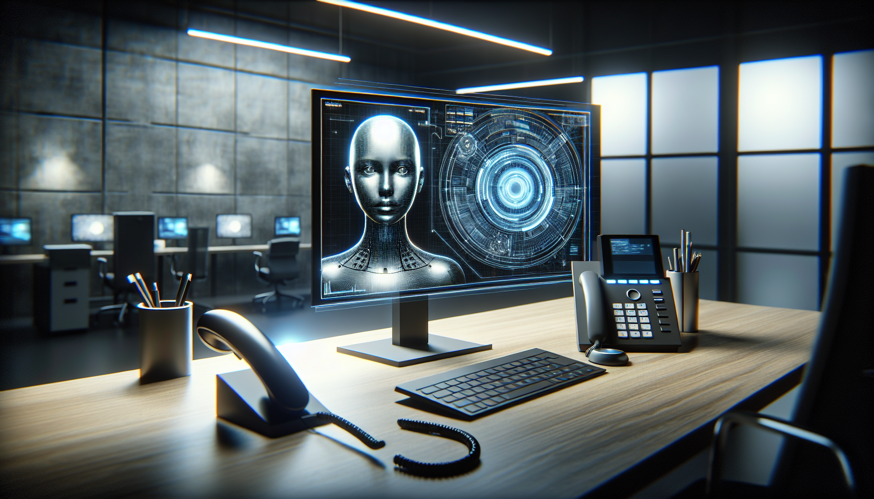An image showing a sleek and modern workstation with a VOIP phone and an AI assistant on a digital screen