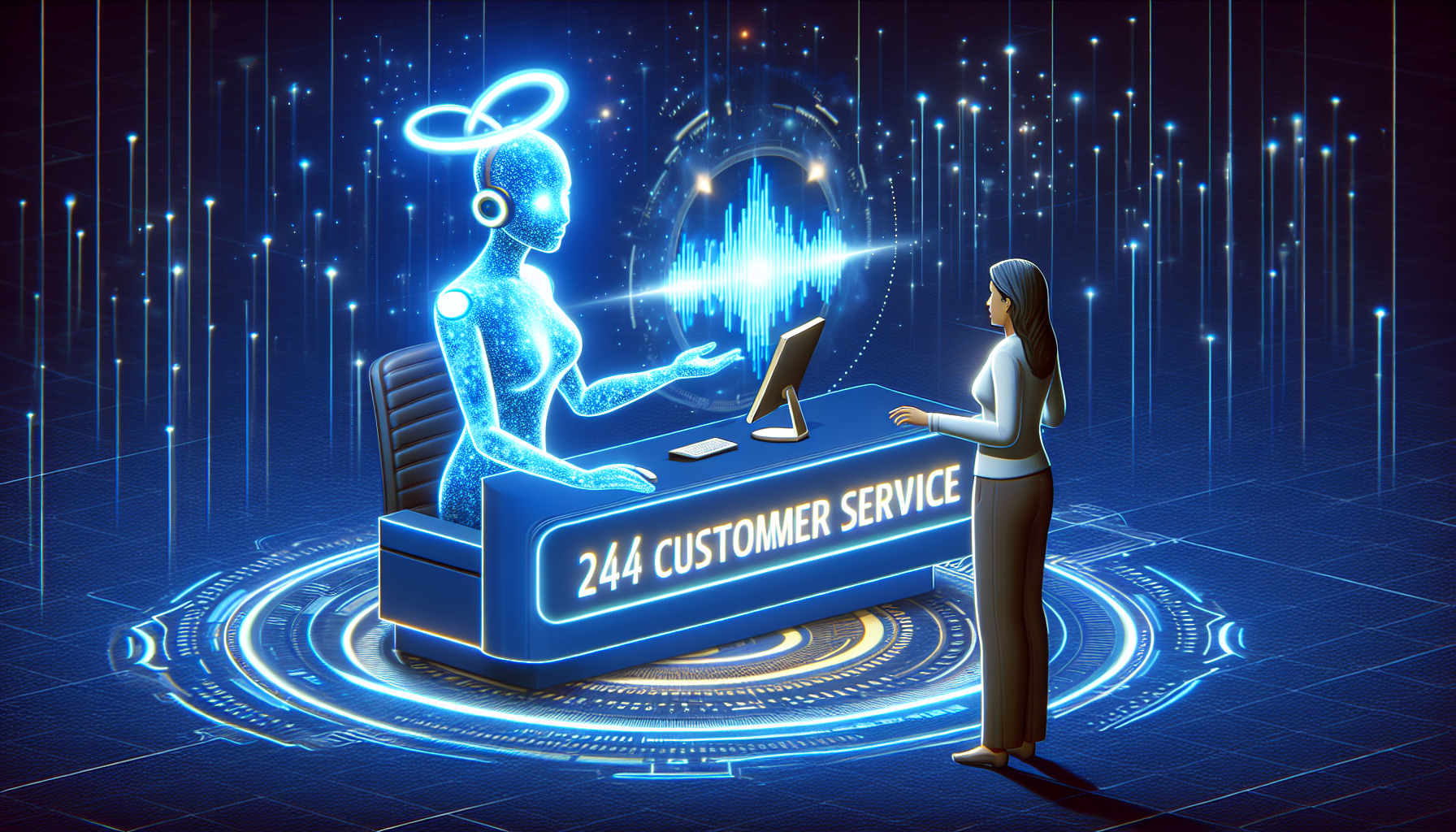 An image showing an AI receptionist interacting with a customer over a digital platform, symbolizing 24/7 customer service support powered by VOIP.