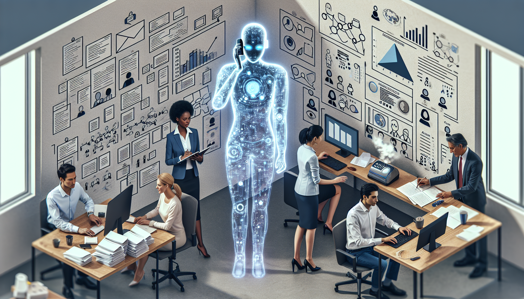 An image showcasing busy office communication and AI stepping in to streamline the process
