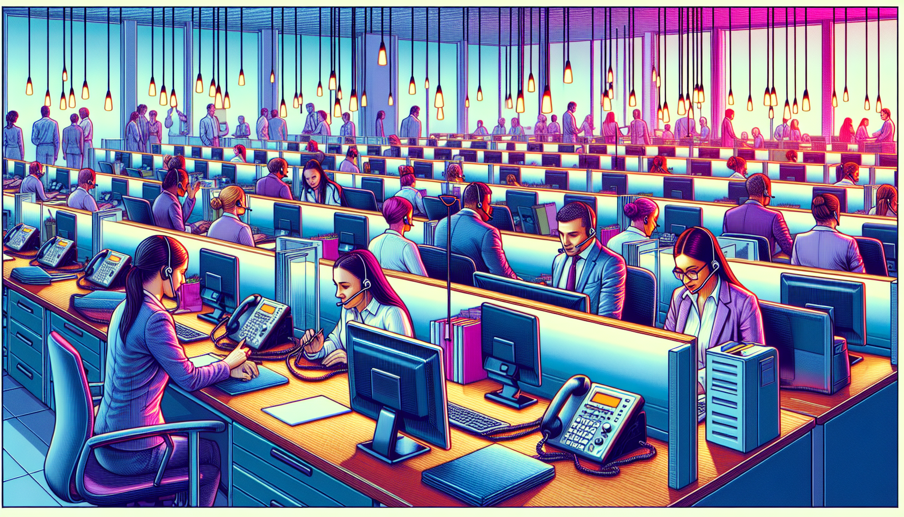 A busy office setup showcasing numerous phone lines in operation