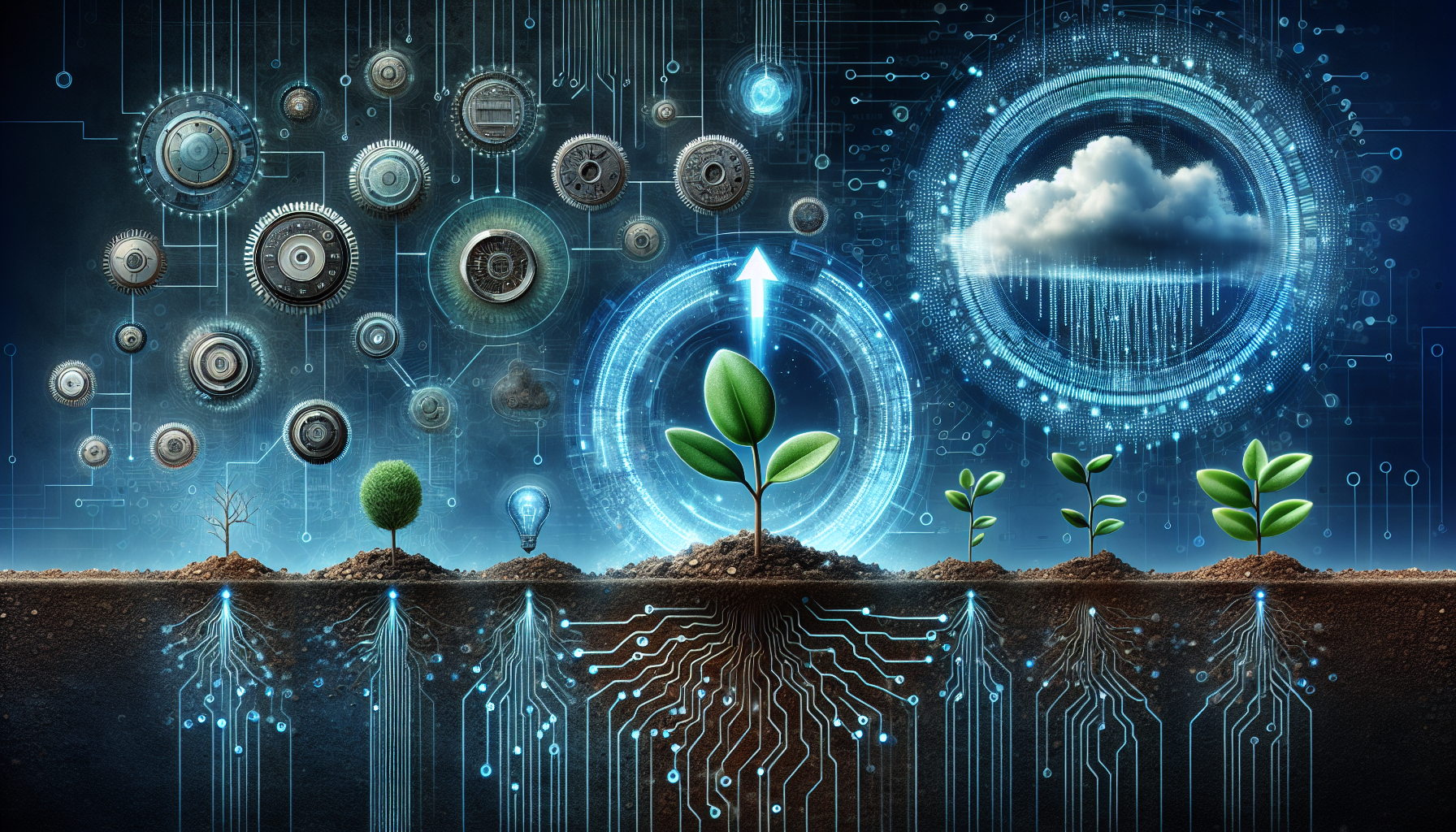 An illustration of a growing business graphically represented, with AI technology supporting each stage