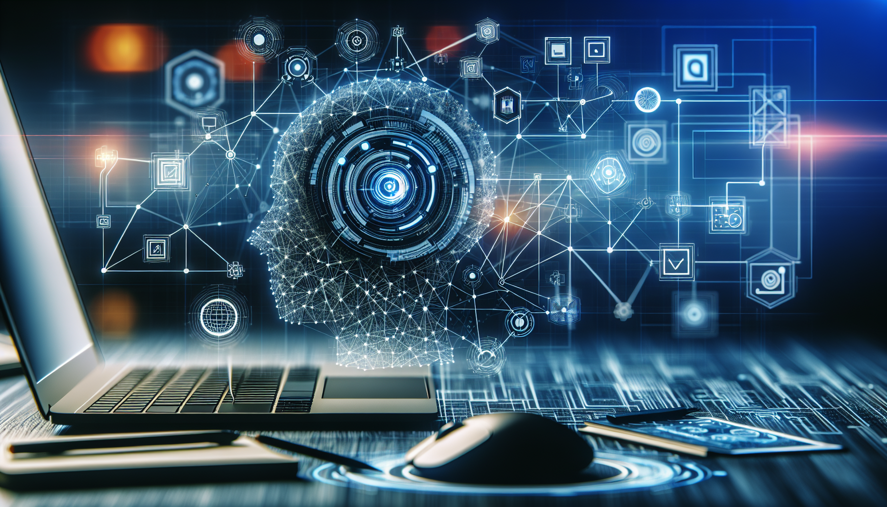 An abstract illustration of AI in telecommunications, showcasing how My AI Front Desk works