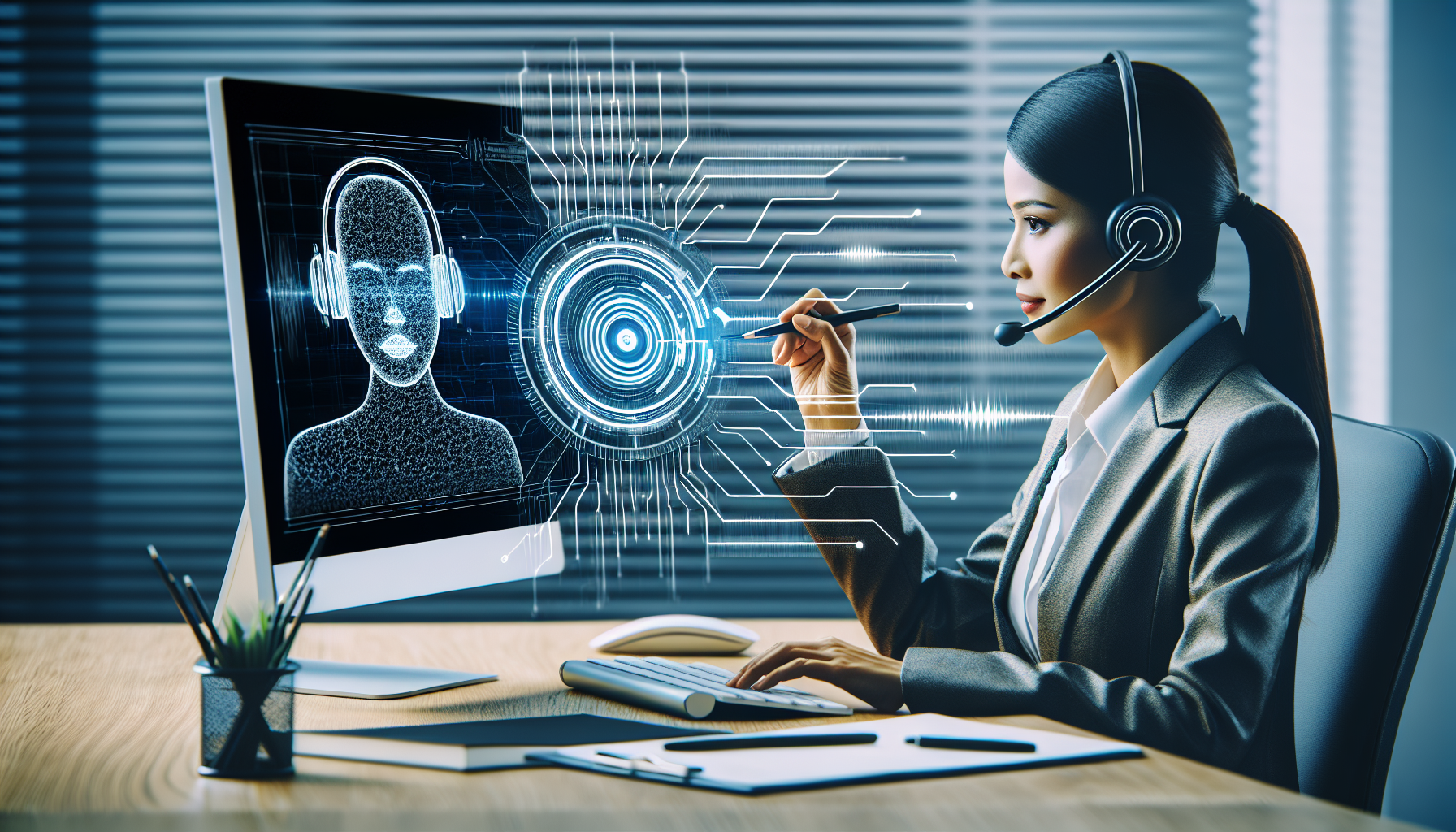 An image that depicts a professionally dressed customer service representative using the AI Communications platform on a computer, with diagrams around her showing voice waveforms and a target being hit indicating precise communication.