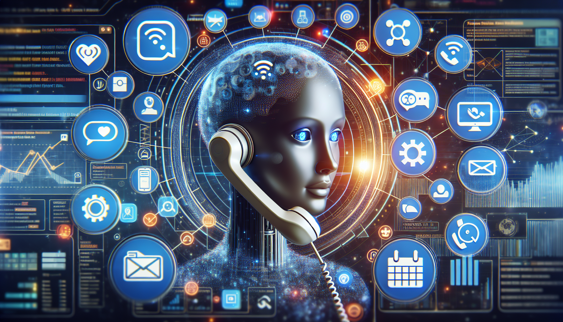 An image depicting an AI talking over a phone with various application icons like CRM, to-do list, and calendar floating around it, visualizing the integration.