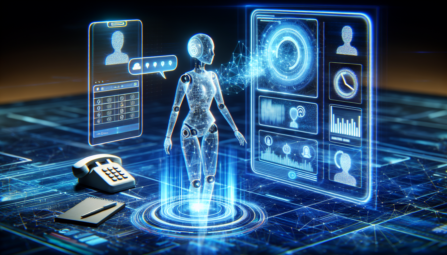 An image depicting a smart AI assistant or virtual receptionist answering phone calls and scheduling appointments