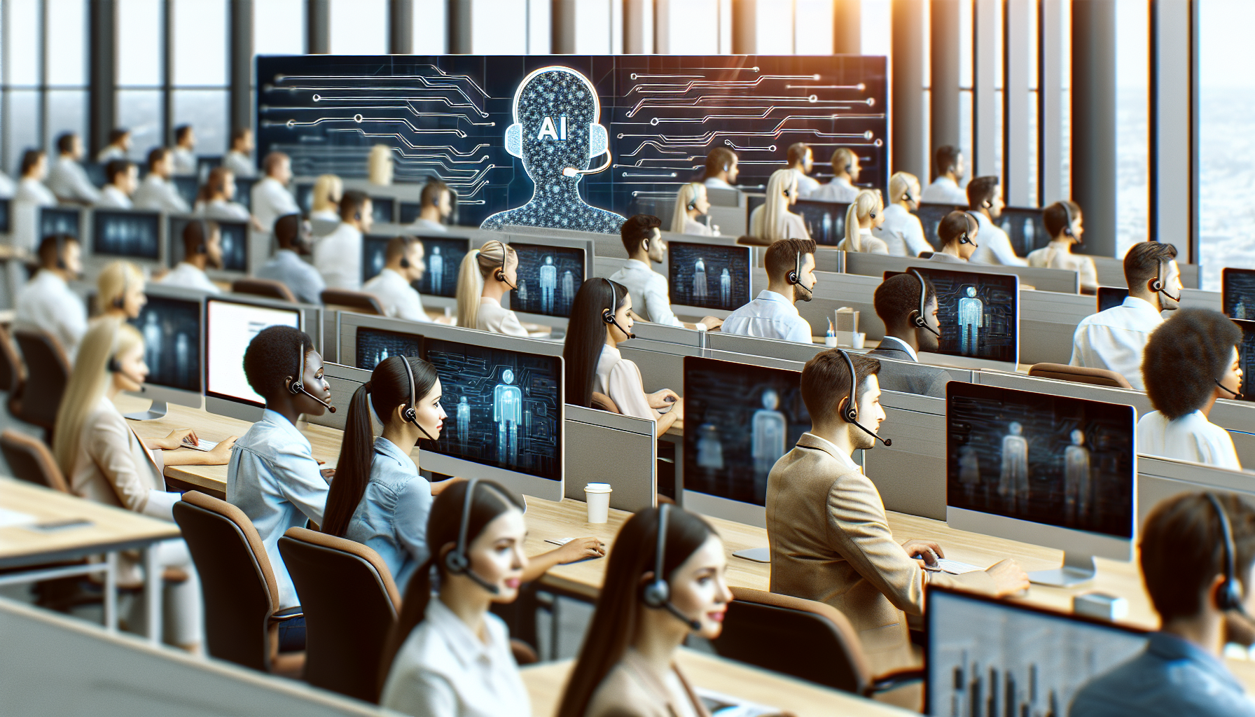 An image showing a busy office with employees answering calls from their computers using My AI Front Desk