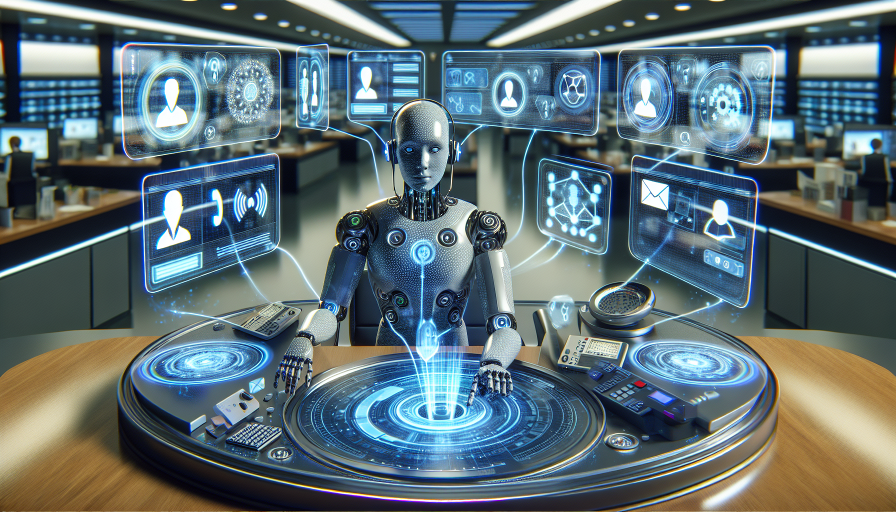 A graphical depiction of AI receptionist handling multiple phone and text communications simultaneously.