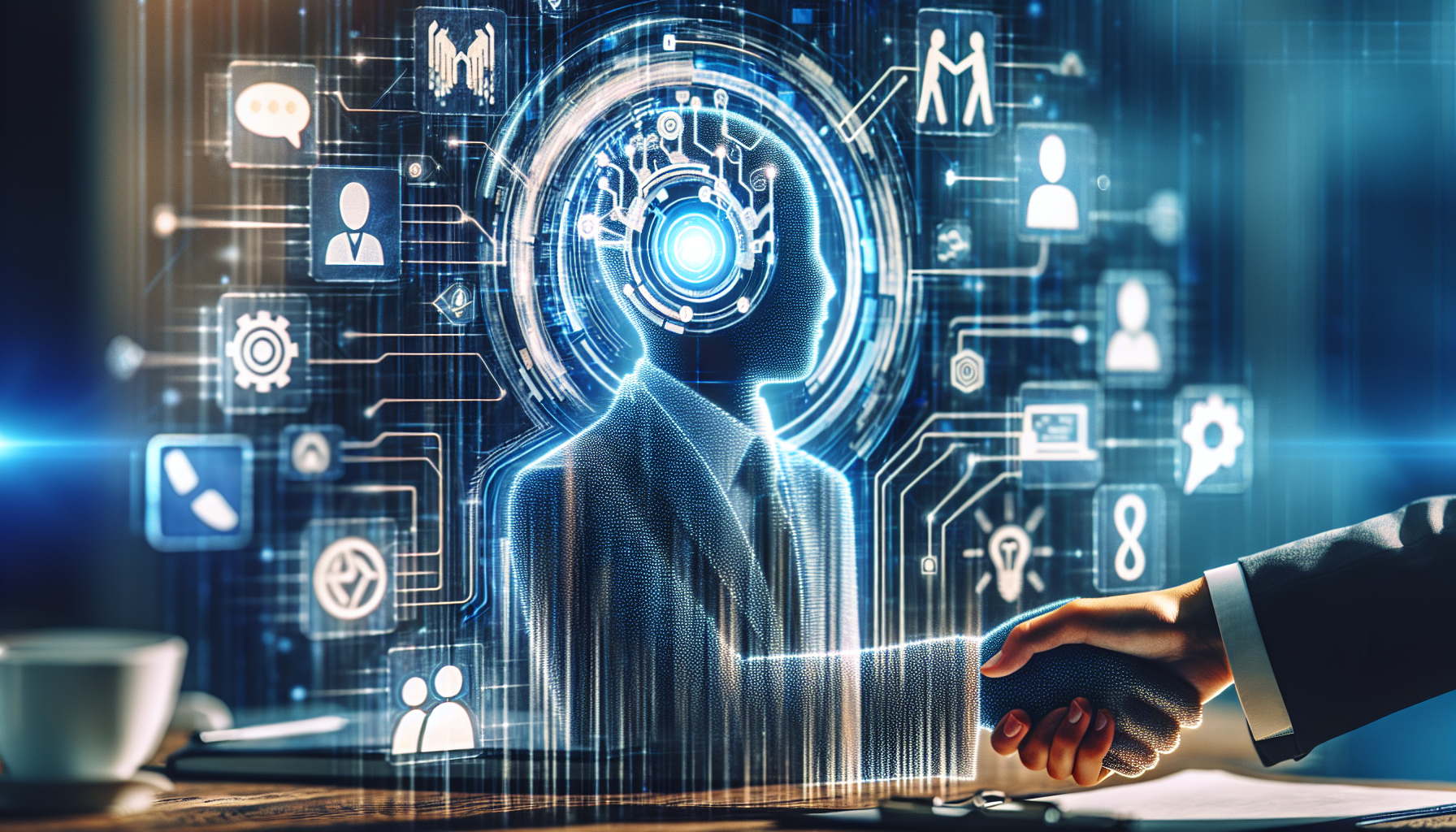 An AI interactive tool engaged in professional communication with the My AI Front Desk logo subtly visible in the background