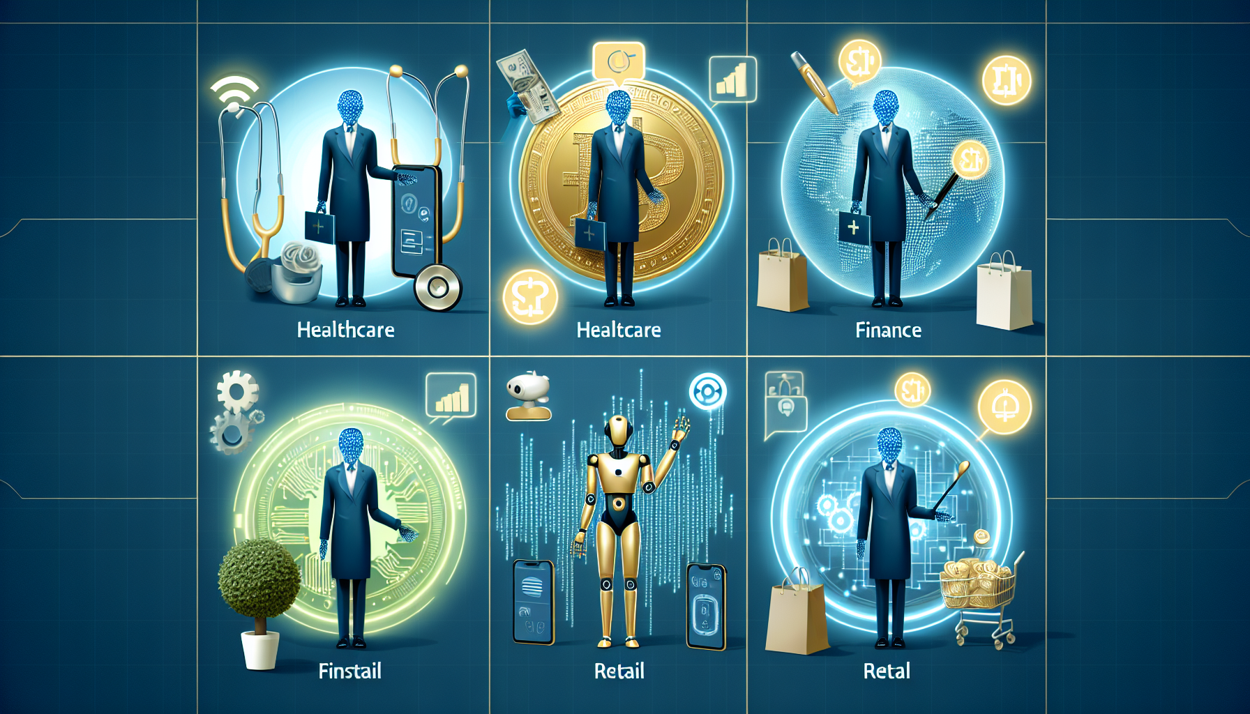 A montage showing various industries like healthcare, finance, and retail seamlessly interacting with AI virtual receptionists