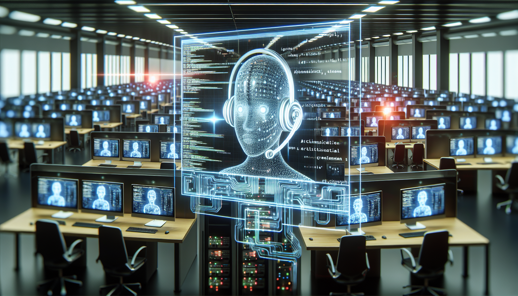 A depiction of a bustling call center with AI-driven systems managing simultaneous calls