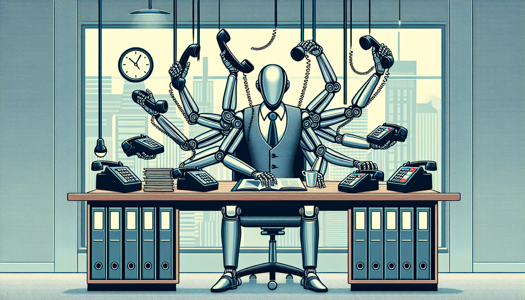 A graphic showing an AI Phone Receptionist managing multiple lines in a business setting