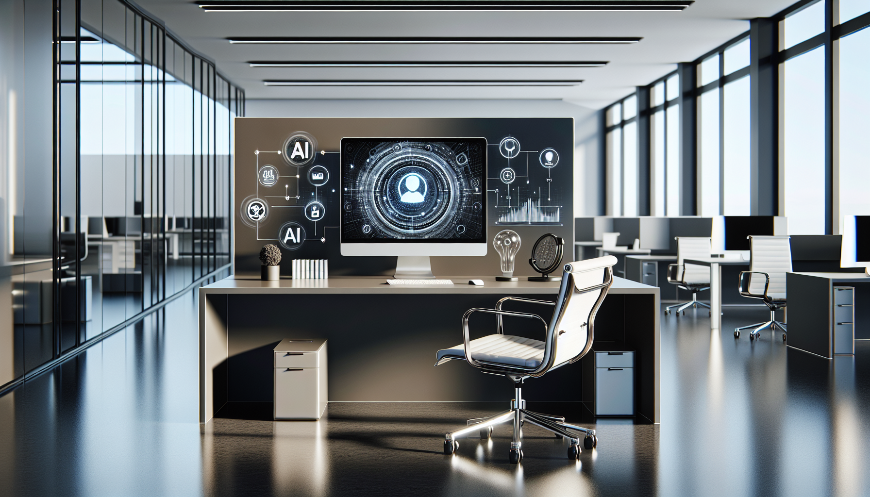 A modern business office with an AI-driven VoIP phone system displayed on a screen