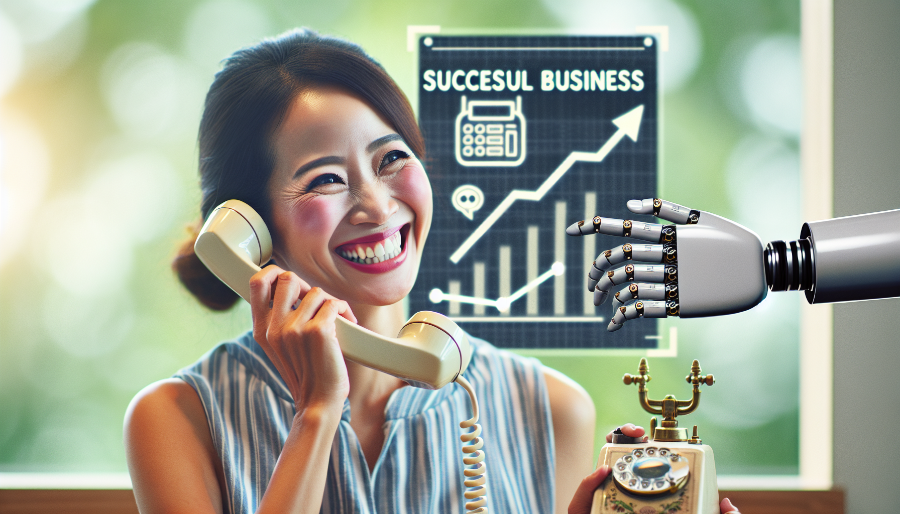 An image showcasing a happy small business owner on the phone, indicating success after adopting the AI-powered phone system with 800 number portability.