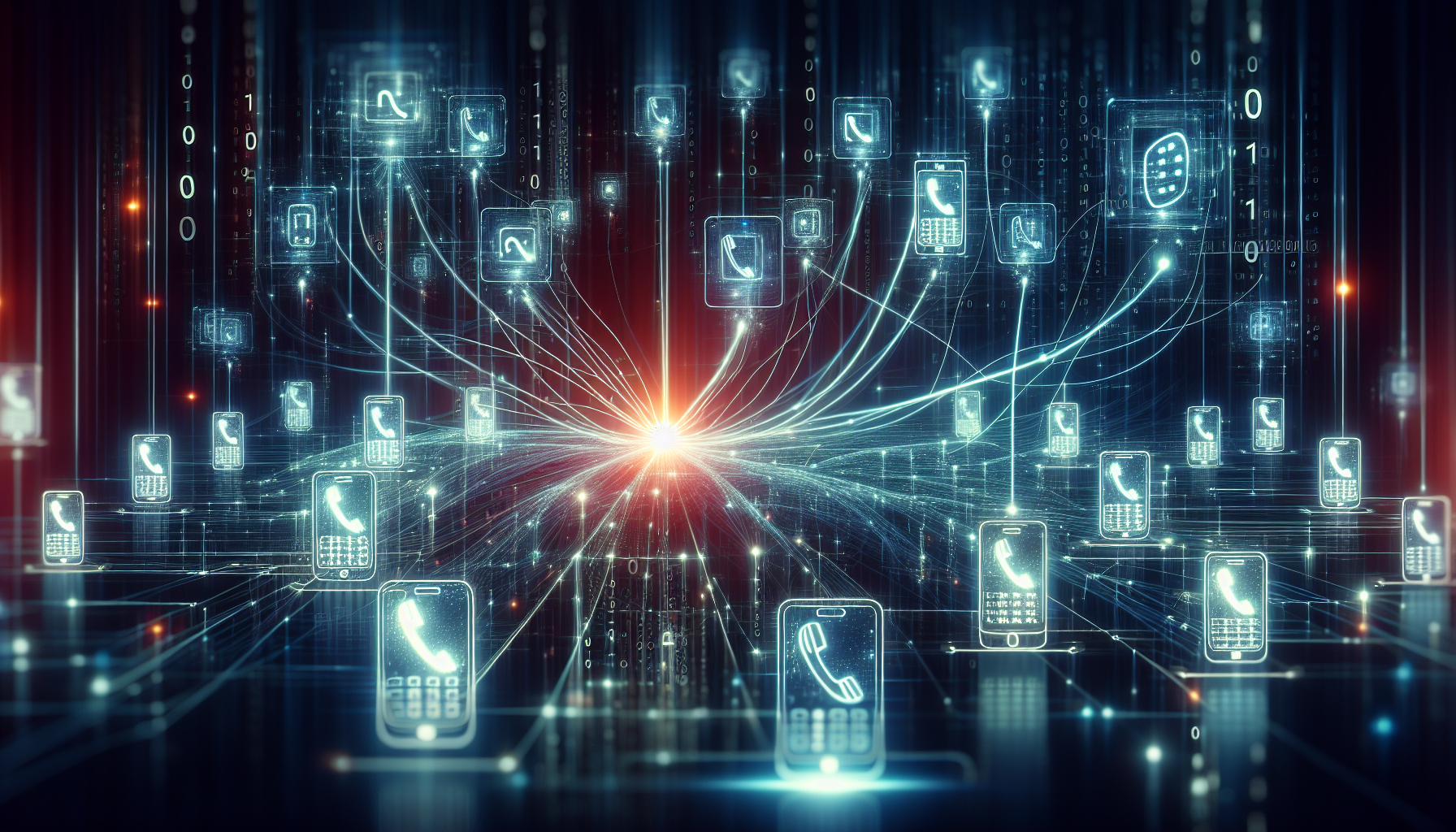 An abstract representation of an AI-enhanced phone system connecting multiple phone numbers