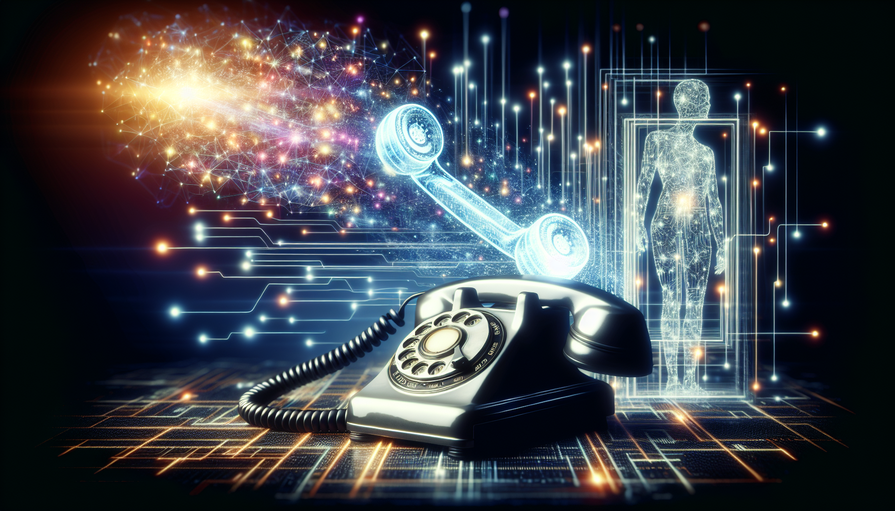 A futuristic digital image showcasing the integration of AI and a traditional phone system.