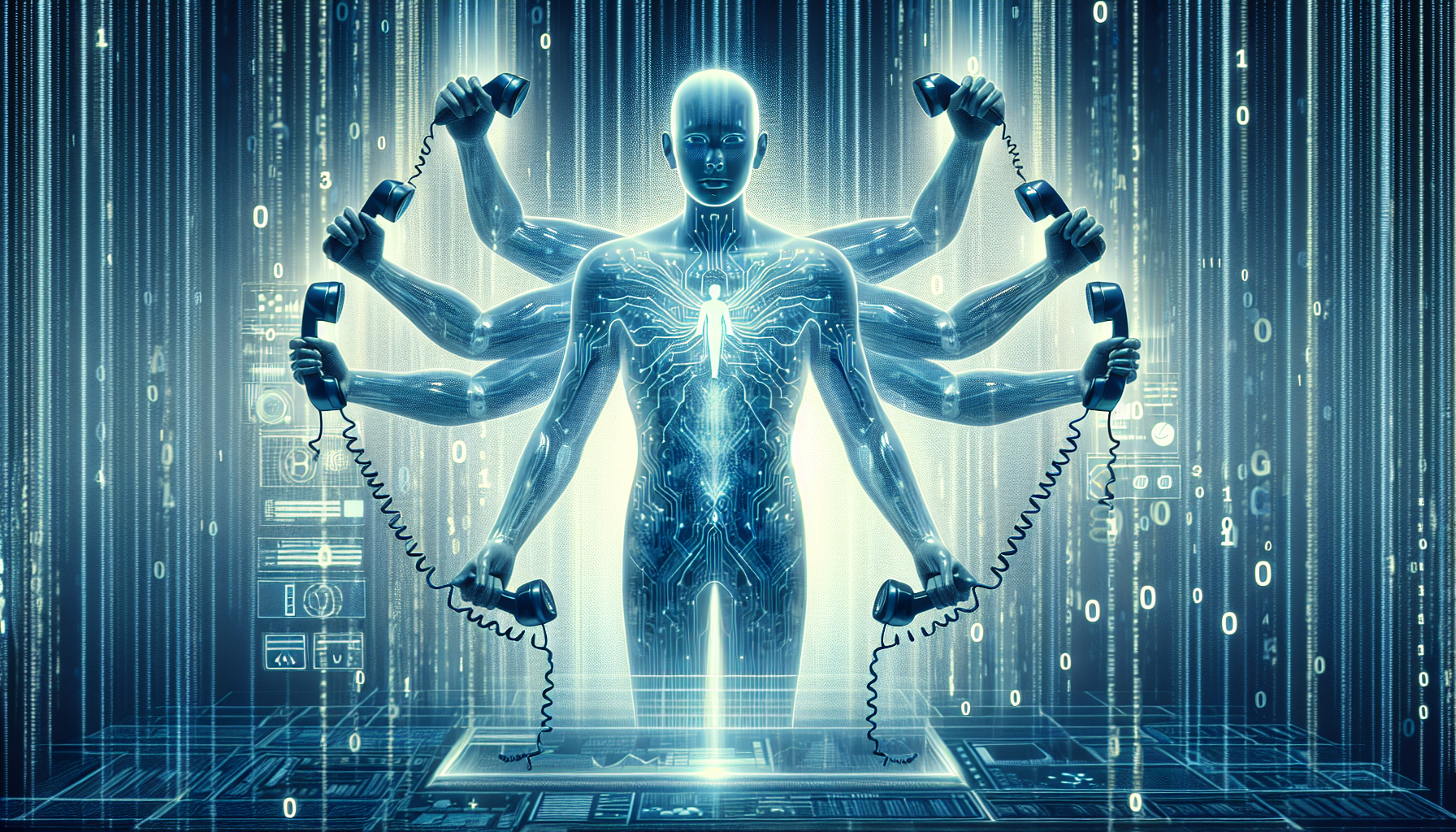 An image showing an AI receptionist system handling multiple phone calls simultaneously