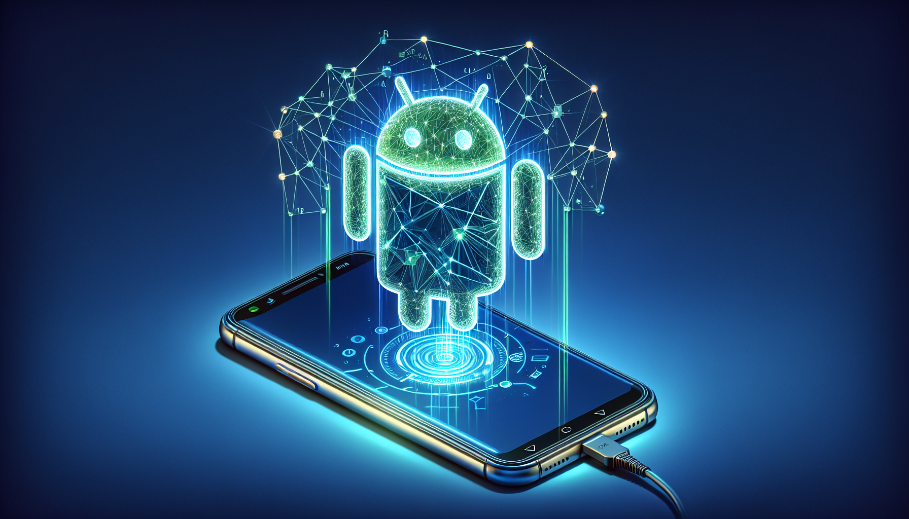 A graphic showing an Android phone connected to an AI Receptionist illustration, representing the integration of these two technologies.