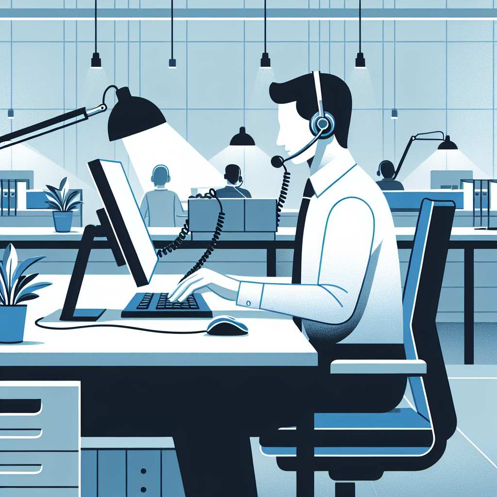 An image showing a virtual receptionist at work, taking calls through a headset in a professional environment.