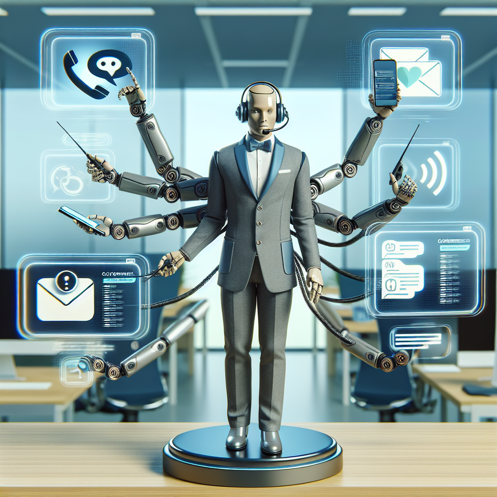 Illustration showing an automated receptionist interfacing with customers through various communication channels.