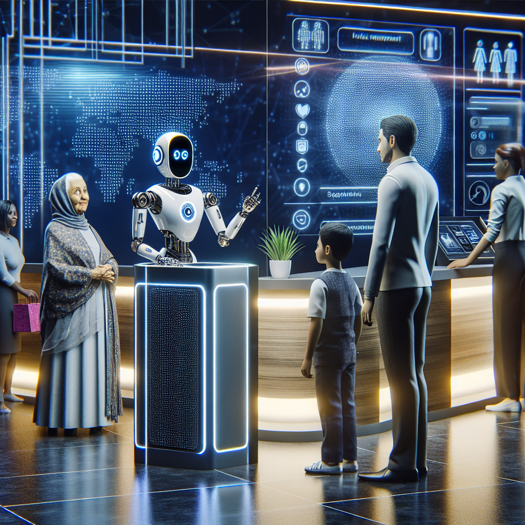 A visual representation of an automated receptionist system interfacing with customers.