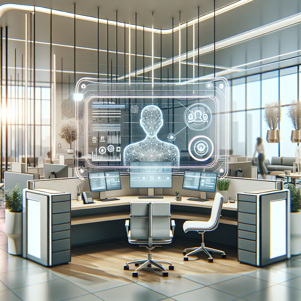 A modern office setting with a virtual receptionist interface displayed on a computer screen