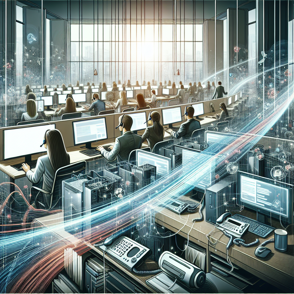 A graphic showing the workflow of a virtual phone receptionist service in a busy office environment.