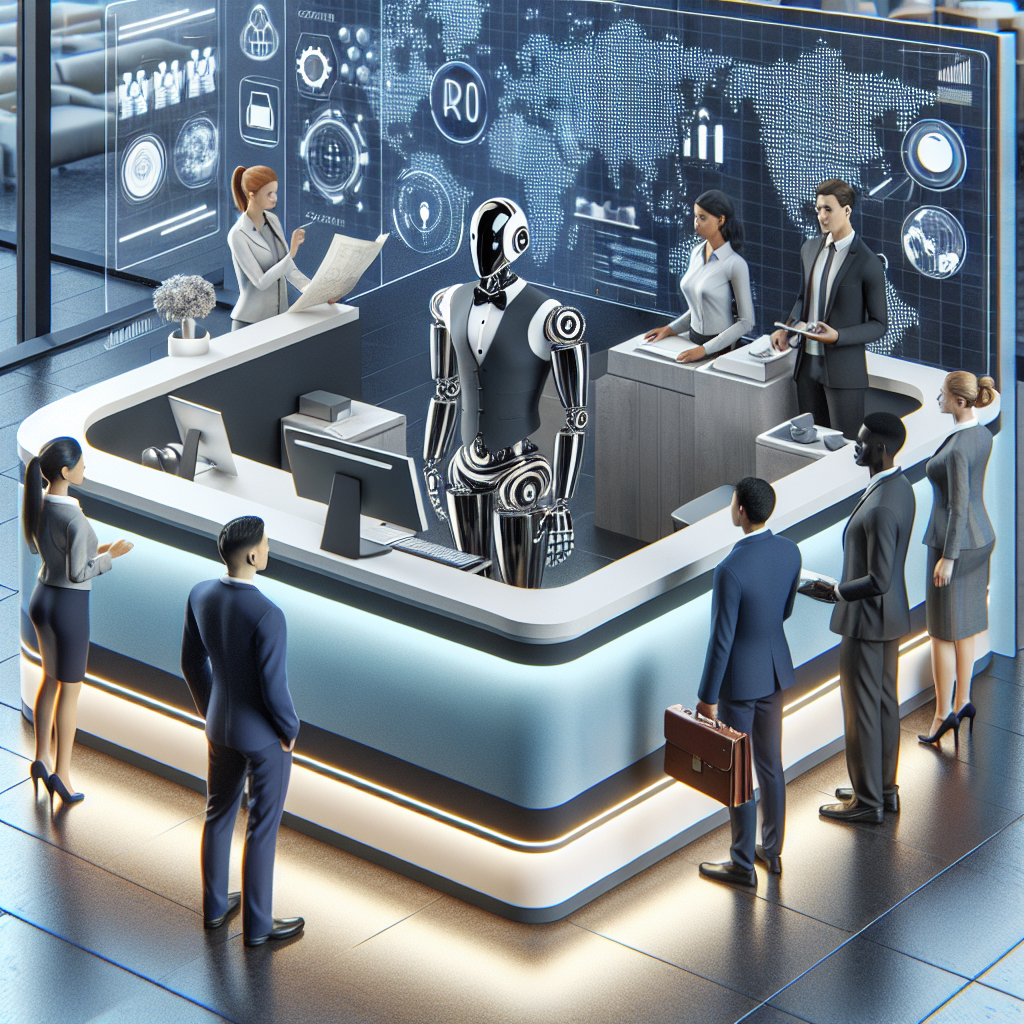 An illustration showing the integration of AI receptionist technology in a business environment