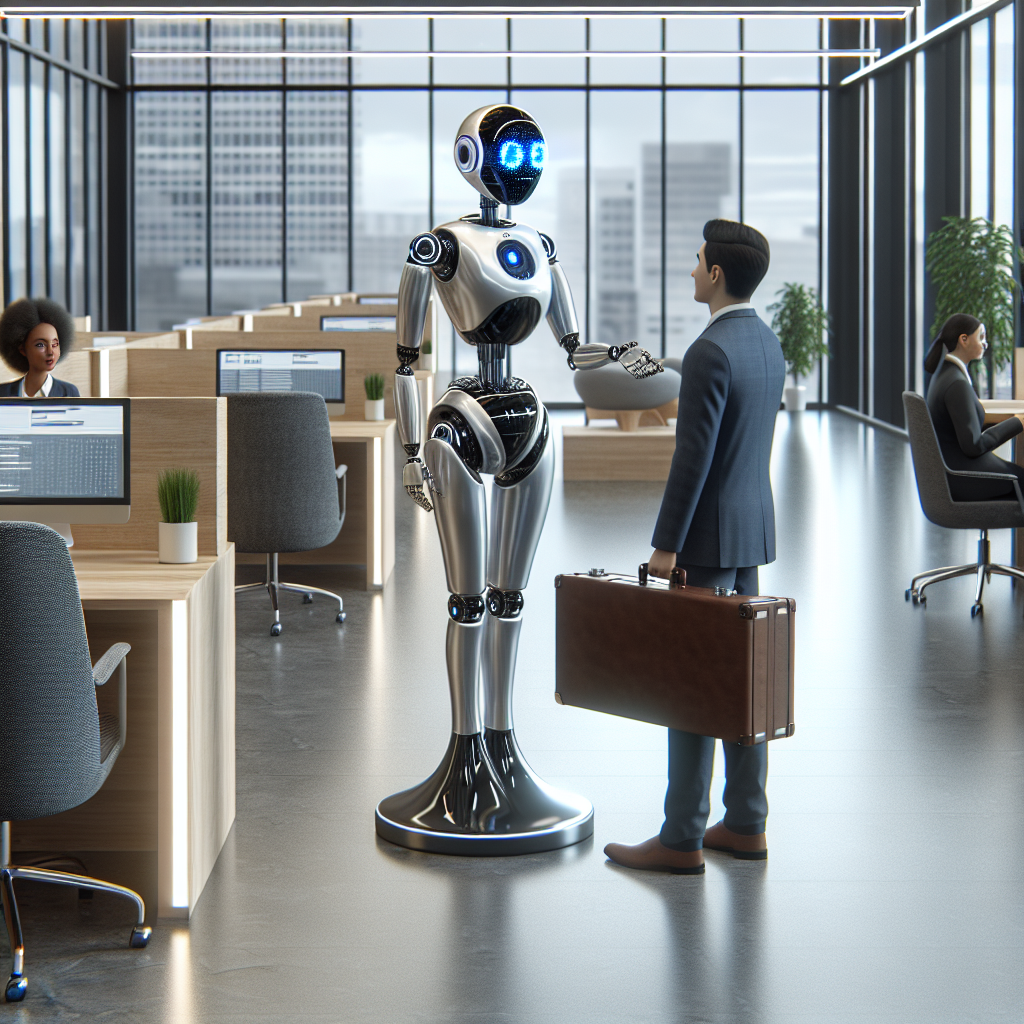 An image depicting a modern office with an AI receptionist interacting with clients.
