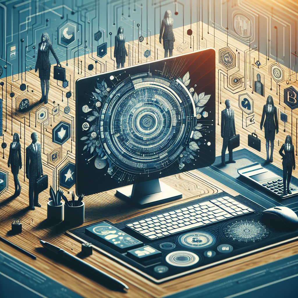 An image showcasing a modern office environment with a virtual receptionist interface on a computer screen.