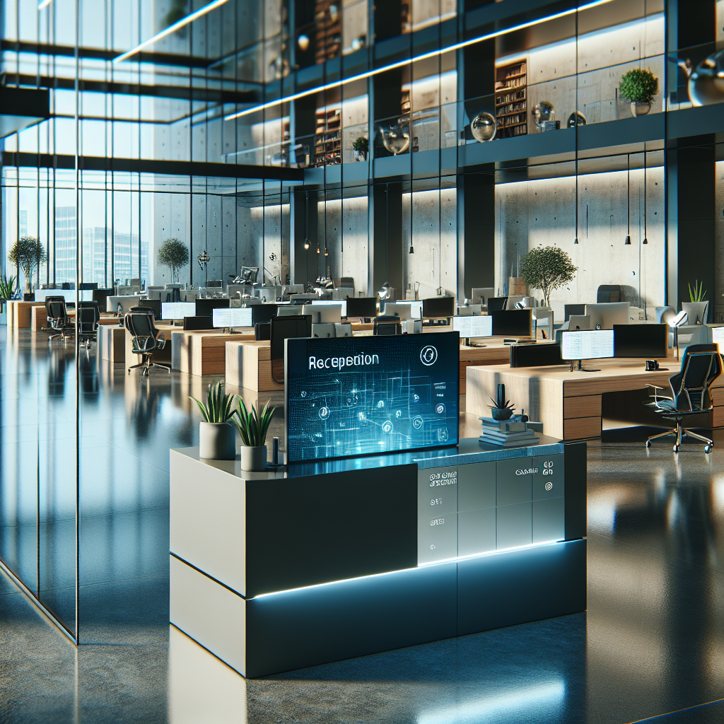 A modern office environment featuring a digital receptionist screen