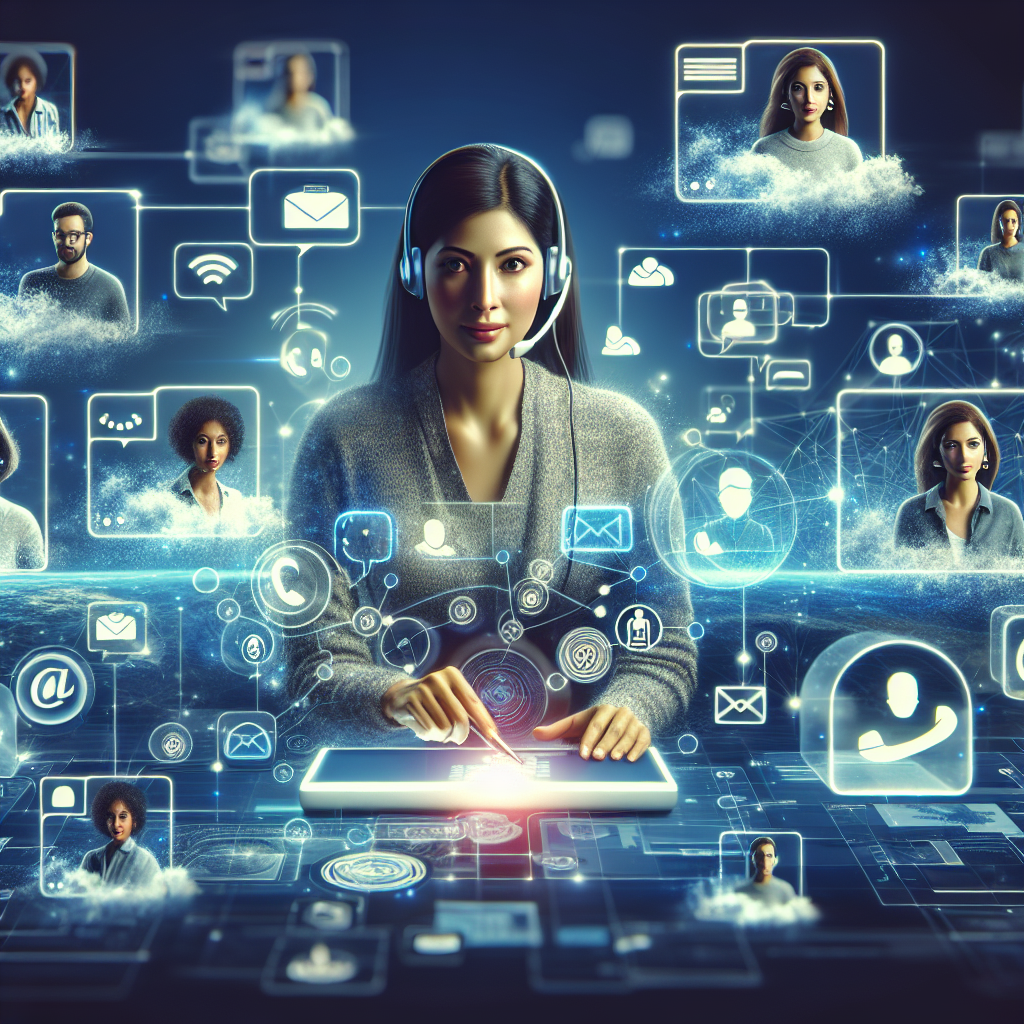 An illustration of a virtual receptionist interacting with customers via various digital platforms.