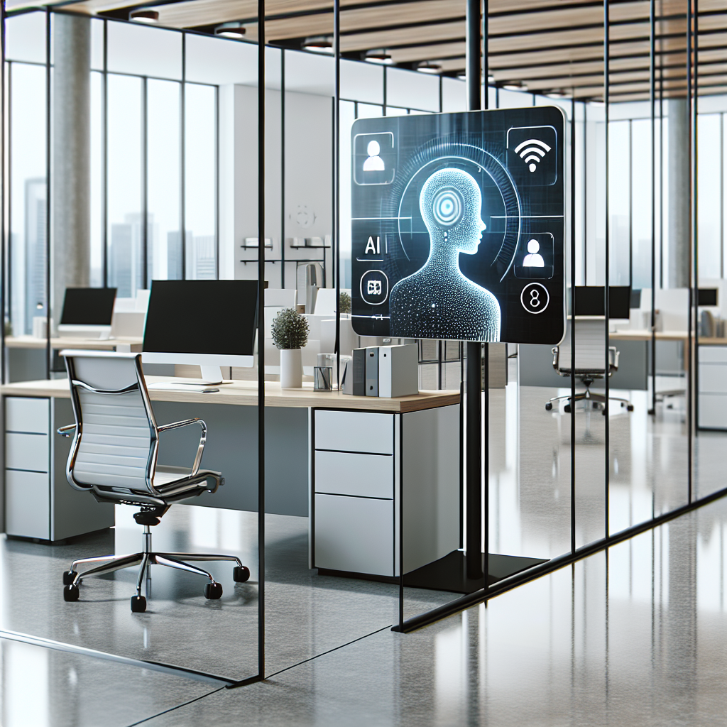 An image displaying a modern office with an AI virtual receptionist interface on a screen.