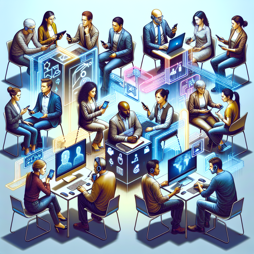 A modern office environment showcasing a team using AI communication tools.