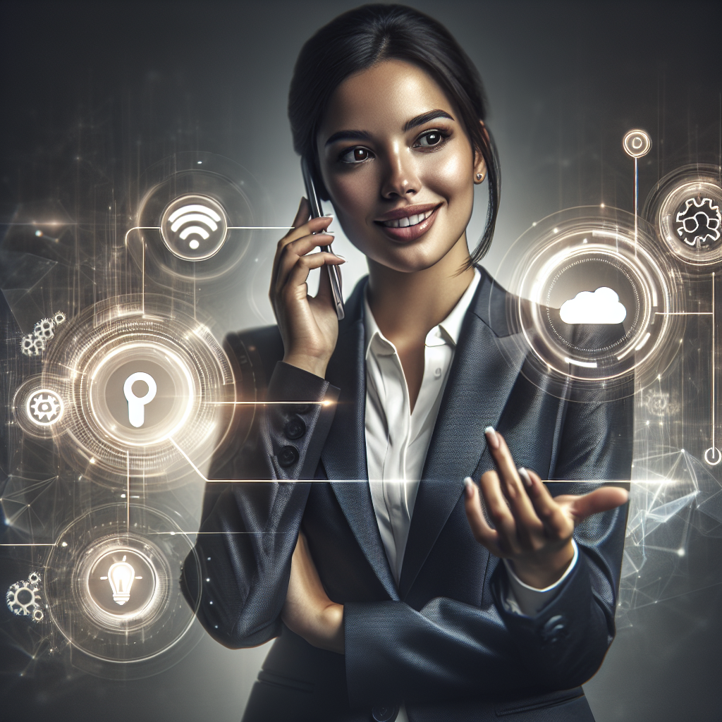 Image of a business person talking on the phone with virtual assistant graphics