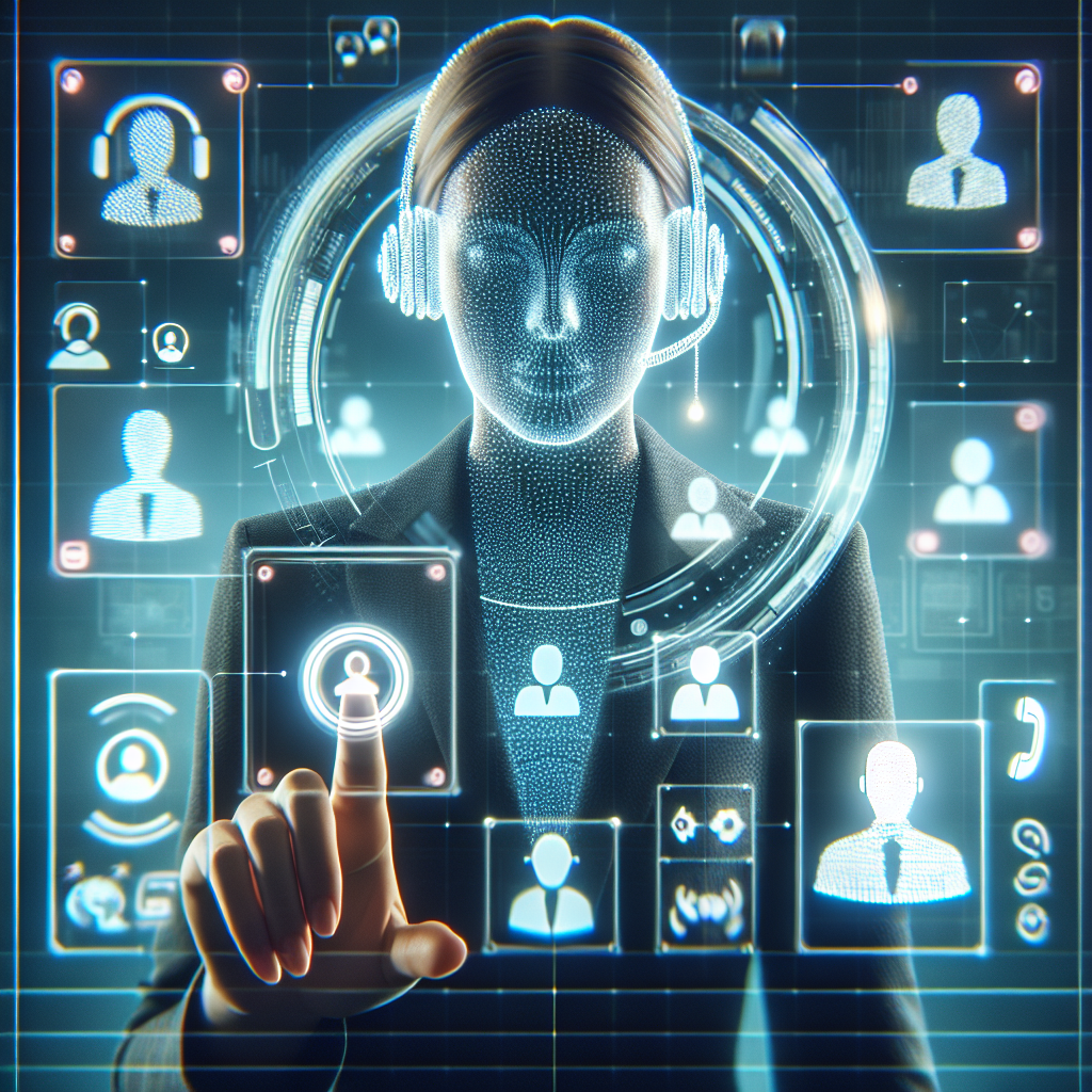 Illustration of a virtual receptionist managing calls with an AI interface.